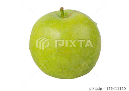 Ripe green apple with water drops isolated on white background. Apple, fruit. Ripe green apple with water drops isolated on white background. Apple, fruit. 136411120