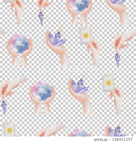 Seamless watercolor pattern with hands holding magical attributes: a crystal ball, purple crystals, a pendulum on a chain, and the Sun tarot card. Esoteric design for textiles, printing, and decor 136411157