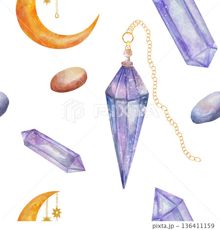Watercolor seamless pattern with crystal pendulum, purple crystals, and crescent moon on white background. Mystical and elegant illustrations for design decor, greeting cards, textiles, and printing 136411159