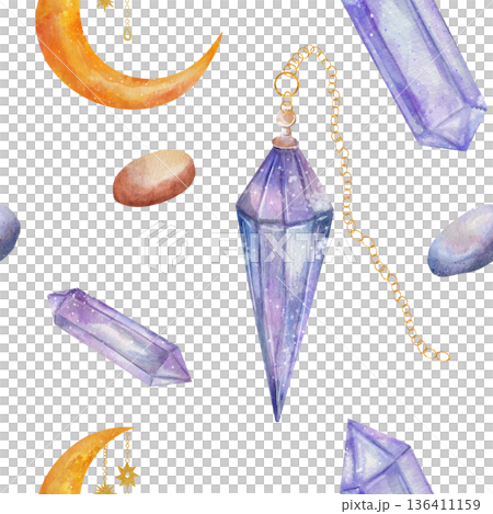 Watercolor seamless pattern with crystal pendulum, purple crystals, and crescent moon on white background. Mystical and elegant illustrations for design decor, greeting cards, textiles, and printing 136411159