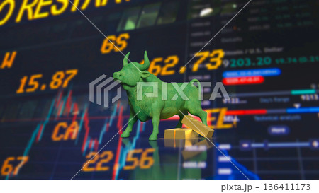 Green Bull Market Symbol With Gold Bars And Rising Stock Chart 3d render. Green Bull Market Symbol With Gold Bars And Rising Stock Chart 3d render. 136411173