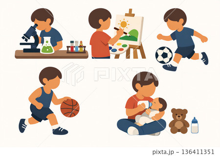 子どもの成長と日常活動を描いたライフスタイルイラストセット 子どもの成長と日常活動を描いたライフスタイルイラストセット 136411351