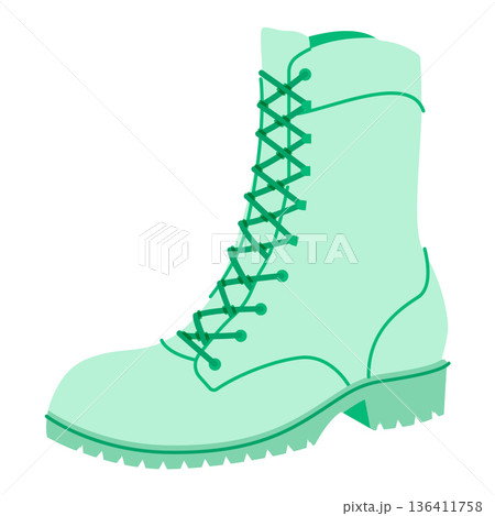 Green lace-up lug sole boot women flat pair. Chunky tread with front lacing for hiking, terrain photoshoot. Technical 136411758