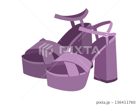 Purple platform block heel sandal shoe women flat pair. Wide strap dress shoe for party, fashion show, editorial look 136411760