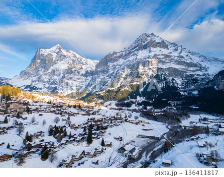 Wetterhorn and Schreckhorn Mountains and Grindelwald Town in Winter. Switzerland 136411817