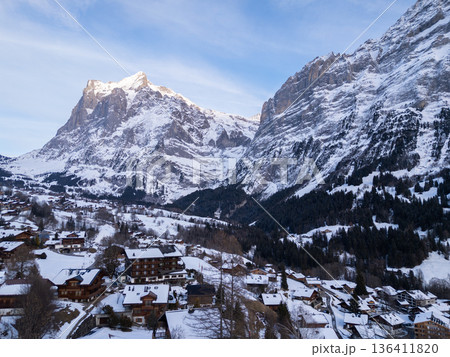 Wetterhorn Mountain and Grindelwald Town in Winter. Switzerland. Aerial View 136411820