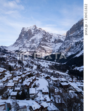 Wetterhorn Mountain and Grindelwald Town in Winter. Switzerland. Aerial View 136411822