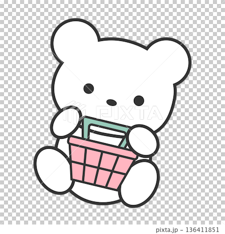 可愛的熊角色插圖，坐在購物車旁，粉紅色 136411851