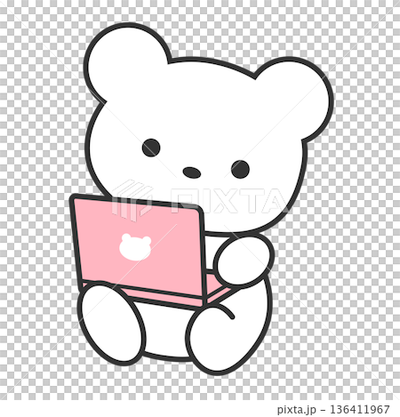 粉紅小熊操作電腦，遠距辦公/辦公室工作姿勢，透明PNG素材 136411967