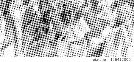 Halftone rough wrinkled foil background. Dotted crumpled metallic overlay. Black creased bitmap texture. Pixelated creasy surface in comic pop art style. Vector grain cartoon gritty paper wallpaper 136412009