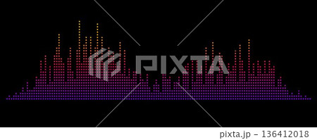 Purple red yellow abstract equalizer shape design. Dotted music sound wave element. Audio radio signal visualization concept. Shining digital voice assistant pattern. Song track sample player. Vector 136412018