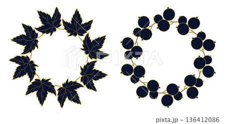 Dark Blue Currant with Gold Outline Wreaths Set. Isolated Leaf and Berry Circle Frames. Bold Botanical Template with Empty Copy Space. Vector illustration 136412086