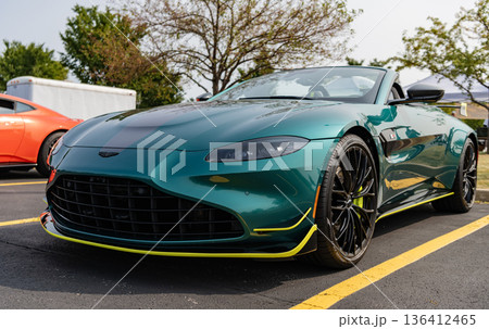 Chicago, Illinois, USA - September 08, 2024: 2023 Aston Martin V8 Vantage convertible car, corner view. Aston Martin V8 Vantage. Convertible Aston Martin V8 Vantage sportscar at Chicago Auto Show 136412465