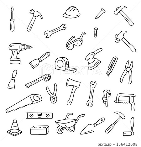 Black and white vector illustration featuring a diverse collection of construction tools. Includes hammer, screwdriver, drill, hard hat, safety glasses, and more essential items for projects. 136412608