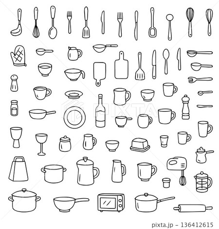 Vector illustration depicting a diverse collection of kitchen utensils, including spoons, forks, cups, pans, and more. Perfect for culinary-themed designs and educational materials. Vector illustration depicting a diverse collection of kitchen utensils, including spoons, forks, cups, pans, and more. Perfect for culinary-themed designs and educational materials. 136412615