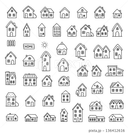 Various hand-drawn house designs including cottages, apartments, and cabins featured in a detailed vector illustration. Perfect for real estate, architecture, and home-related projects. Various hand-drawn house designs including cottages, apartments, and cabins featured in a detailed vector illustration. Perfect for real estate, architecture, and home-related projects. 136412616
