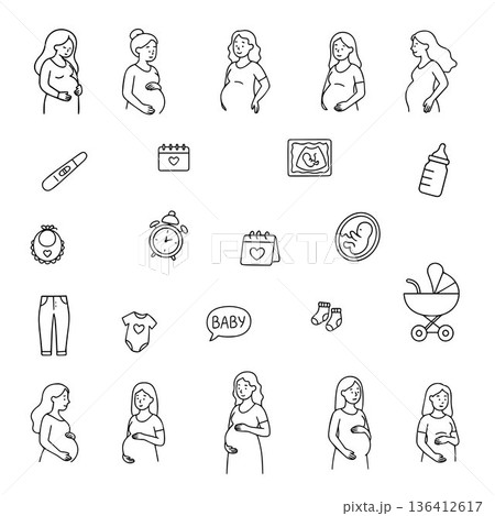 Vector illustration depicting various pregnancy stages and baby-related icons, including a pregnant woman, ultrasound, baby bottle, and stroller. Ideal for maternity and parenting themes. 136412617