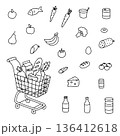 Vector illustration of a shopping cart filled with various groceries including milk, bread, and vegetables surrounded by separate food items such as fruit, vegetables, and canned goods. 136412618