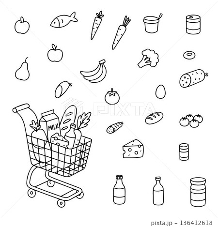 Vector illustration of a shopping cart filled with various groceries including milk, bread, and vegetables surrounded by separate food items such as fruit, vegetables, and canned goods. Vector illustration of a shopping cart filled with various groceries including milk, bread, and vegetables surrounded by separate food items such as fruit, vegetables, and canned goods. 136412618