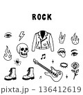Vector illustration of rock music symbols including a leather jacket, electric guitar, skull, and boots, capturing the essence of rock culture and style. 136412619