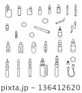 Detailed vector illustration featuring a variety of vape devices and accessories, including e-cigarettes, vape pens, cartridges, and e-liquids.  136412620