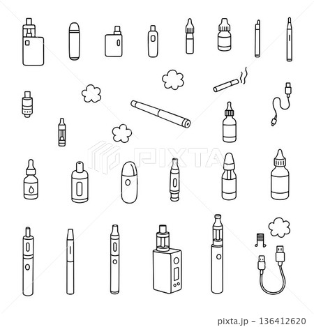 Detailed vector illustration featuring a variety of vape devices and accessories, including e-cigarettes, vape pens, cartridges, and e-liquids.  136412620
