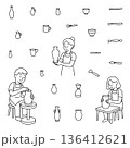 Vector illustration showing individuals involved in pottery making. Different stages of pottery creation are depicted, featuring various tools and expressions of focus and creativity. 136412621