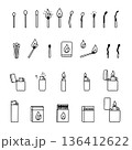 Vector illustration featuring the progression of matches and lighters, displaying various stages from ignition to extinguished. Includes detailed sketches of matchsticks, flames, and lighter designs. 136412622