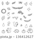 Vector illustration showcasing various autumn nature elements. Includes leaves, birds, acorns, squirrels, hedgehogs, mushrooms, and seasonal fruits. Perfect for fall-themed designs. 136412627