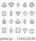 Vector illustration featuring various geometric gemstone shapes, each uniquely represented with clear, precise lines. Ideal for jewelry design, graphics, or educational purposes. 136412630