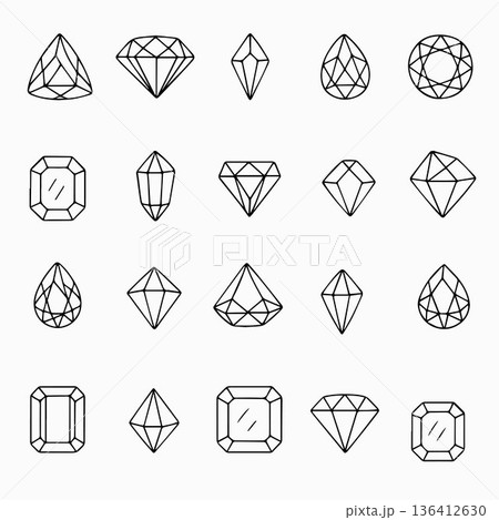Vector illustration featuring various geometric gemstone shapes, each uniquely represented with clear, precise lines. Ideal for jewelry design, graphics, or educational purposes. 136412630