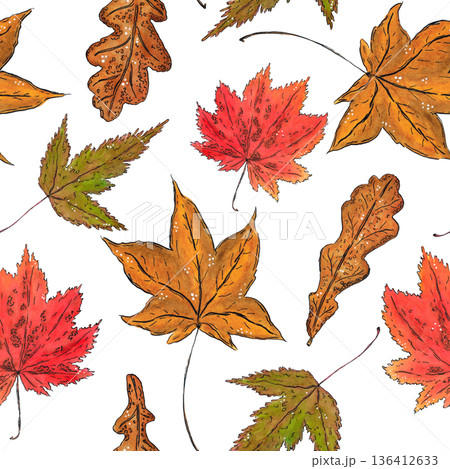 Seamless pattern of maple leaves. Hand drawn illustration with watercolor and ink. Drawing for poster, tableware, postcards, scrapbooking. Autumn, tree, foliage, orange Seamless pattern of maple leaves. Hand drawn illustration with watercolor and ink. Drawing for poster, tableware, postcards, scrapbooking. Autumn, tree, foliage, orange 136412633