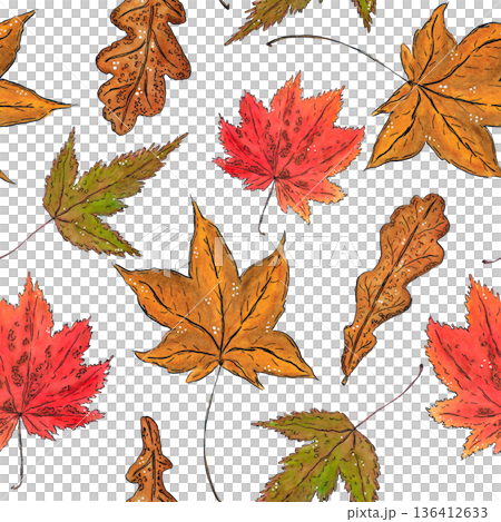 Seamless pattern of maple leaves. Hand drawn illustration with watercolor and ink. Drawing for poster, tableware, postcards, scrapbooking. Autumn, tree, foliage, orange 136412633