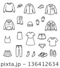 Vector illustration showcasing a variety of outline clothing icons, including shirts, pants, skirts, and accessories. Ideal for design projects needing simple and clear clothing representations. 136412634