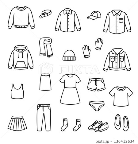 Vector illustration showcasing a variety of outline clothing icons, including shirts, pants, skirts, and accessories. Ideal for design projects needing simple and clear clothing representations. 136412634