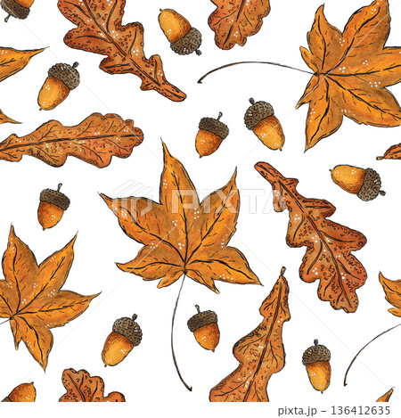 Seamless pattern of maple leaves acorns. Hand drawn illustration with watercolor and ink. Drawing for poster, tableware, cards, scrapbooking. Autumn, tree, ocher, foliage, nut Seamless pattern of maple leaves acorns. Hand drawn illustration with watercolor and ink. Drawing for poster, tableware, cards, scrapbooking. Autumn, tree, ocher, foliage, nut 136412635