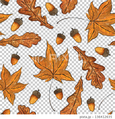Seamless pattern of maple leaves acorns. Hand drawn illustration with watercolor and ink. Drawing for poster, tableware, cards, scrapbooking. Autumn, tree, ocher, foliage, nut 136412635