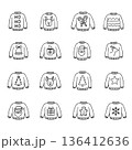 Vector illustration of 16 festive Christmas sweaters with whimsical holiday designs including Santa, reindeer, trees, and gifts, perfect for holiday-themed projects and designs. 136412636