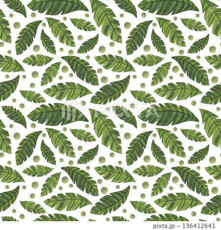 Seamless pattern of green palm leaves and dots. Watercolor illustration hand drawn, cartoon. Drawing for scrapbooking, paper, textile Seamless pattern of green palm leaves and dots. Watercolor illustration hand drawn, cartoon. Drawing for scrapbooking, paper, textile 136412641