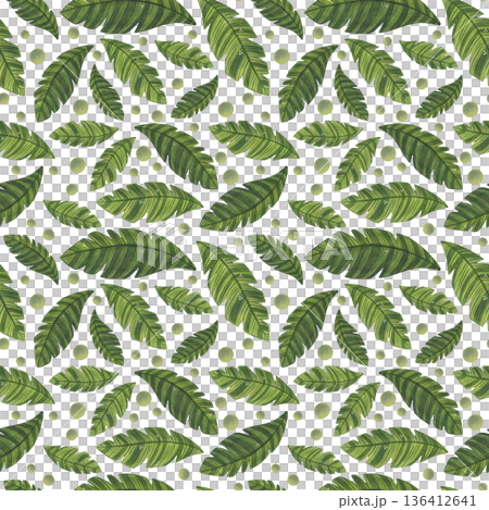 Seamless pattern of green palm leaves and dots. Watercolor illustration hand drawn, cartoon. Drawing for scrapbooking, paper, textile Seamless pattern of green palm leaves and dots. Watercolor illustration hand drawn, cartoon. Drawing for scrapbooking, paper, textile 136412641