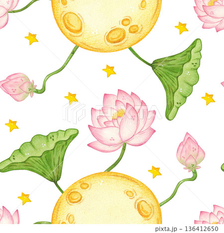 Seamless pattern of the moon, lotus flowers, pink ribbons, leaves, and buds. Hand-drawn watercolor illustration, cartoon. Design for sticker, poster, card, scrapbooking. Mid-Autumn Day, Asia, nature 136412650