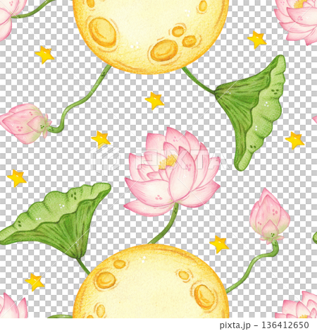 Seamless pattern of the moon, lotus flowers, pink ribbons, leaves, and buds. Hand-drawn watercolor illustration, cartoon. Design for sticker, poster, card, scrapbooking. Mid-Autumn Day, Asia, nature 136412650