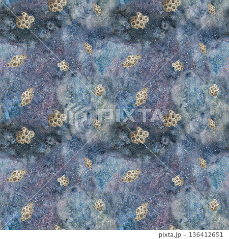 Seamless pattern, outer space in which meteorites fly. Watercolor illustration drawn by hand. Cosmic, space, meteorite, universe Seamless pattern, outer space in which meteorites fly. Watercolor illustration drawn by hand. Cosmic, space, meteorite, universe 136412651