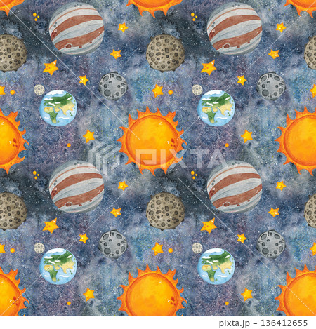 Seamless pattern, outer space in which the sun, earth, moon, other planets and stars fly. Hand drawn watercolor illustration. Space, outer space, universe, moon, star Seamless pattern, outer space in which the sun, earth, moon, other planets and stars fly. Hand drawn watercolor illustration. Space, outer space, universe, moon, star 136412655