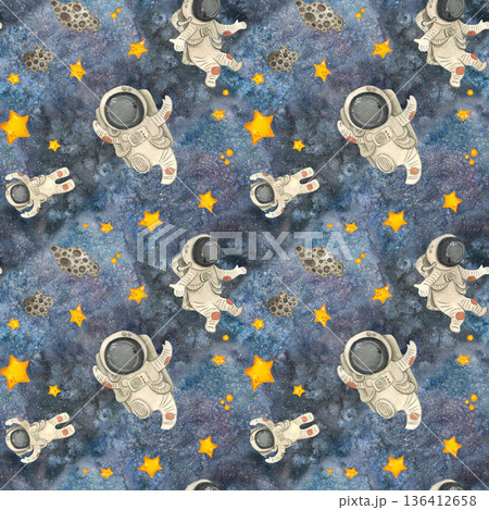 Seamless pattern, outer space in which astronauts and stars fly. Watercolor illustration drawn by hand. Cosmic, space, universe, astronaut, star. Design for textiles, paper, invitations, scrapbooking Seamless pattern, outer space in which astronauts and stars fly. Watercolor illustration drawn by hand. Cosmic, space, universe, astronaut, star. Design for textiles, paper, invitations, scrapbooking 136412658