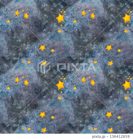 Seamless pattern, outer space and stars. Watercolor illustration drawn by hand. Cosmic, space, universe. Design for textiles, paper, invitations, scrapbooking 136412659