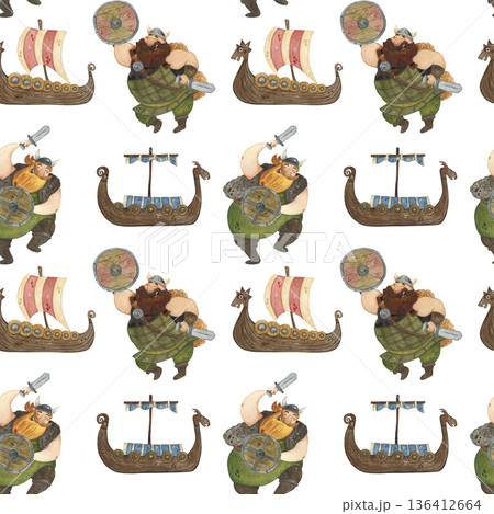 A seamless pattern featuring Vikings, wooden shields and ships, axes, and swords. Hand-drawn watercolor illustration, cartoon, perfect for stickers, cards, and posters. Shield, protection, defense A seamless pattern featuring Vikings, wooden shields and ships, axes, and swords. Hand-drawn watercolor illustration, cartoon, perfect for stickers, cards, and posters. Shield, protection, defense 136412664