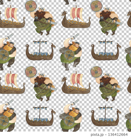 A seamless pattern featuring Vikings, wooden shields and ships, axes, and swords. Hand-drawn watercolor illustration, cartoon, perfect for stickers, cards, and posters. Shield, protection, defense A seamless pattern featuring Vikings, wooden shields and ships, axes, and swords. Hand-drawn watercolor illustration, cartoon, perfect for stickers, cards, and posters. Shield, protection, defense 136412664