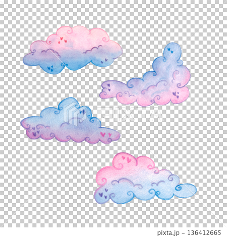 Set of pink clouds, hand drawn watercolor illustration, cartoon. Drawing for scrapbooking, stickers, print. Fairy tale, children, dream, fly, fun, holiday, valentine's day Set of pink clouds, hand drawn watercolor illustration, cartoon. Drawing for scrapbooking, stickers, print. Fairy tale, children, dream, fly, fun, holiday, valentine's day 136412665