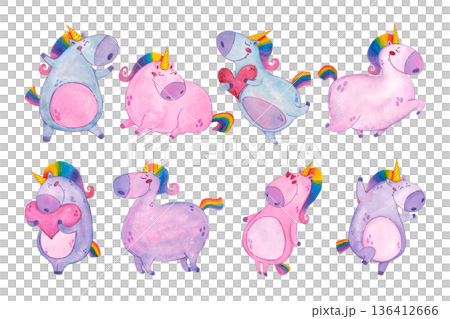 Set of different unicorn characters, hand drawn watercolor illustration, cartoon. Drawing for scrapbooking, stickers, print. Fairy tale, children, lilac, valentine's day, love, dream Set of different unicorn characters, hand drawn watercolor illustration, cartoon. Drawing for scrapbooking, stickers, print. Fairy tale, children, lilac, valentine's day, love, dream 136412666